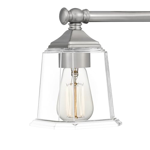 Image of Quoizel Nicholas 42 inch Vanity Light, Brushed Nickel, Clear Glass | 5-Light, Dimmable, Reversible Mounting, ETL Damp Rated