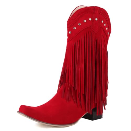 Image of KiutSymo Mid Calf Fringe Boots For Women Cowboy Pointed Toe Chunky Heels Cowgirl Western Tassel Boots