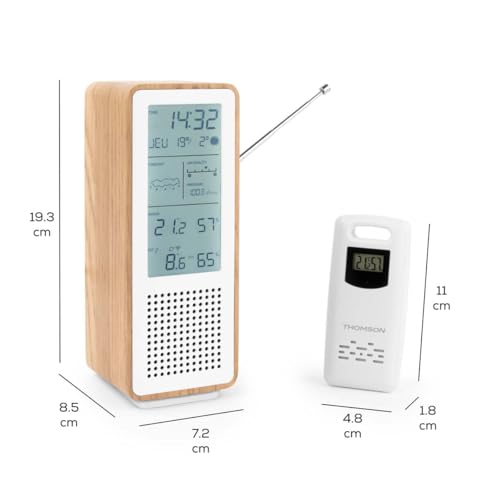 THOMSON Enceinte Bluetooth 5.3 et Station Météo Sans Fil, Radio FM, Horloge Radiopilotée, Thermomètre et Hygromètre Intérieur/Extérieur, Qualité de l'Air, Structure Bois - Blanc - WS102TWH