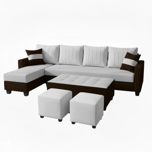 Image of FURNY Avenue 8 Seater Fabric LHS L Shape Sofa Set with 1 Centre Table & 2 Puffy (Light Grey-Dark Brown) Premium Velvet Finish