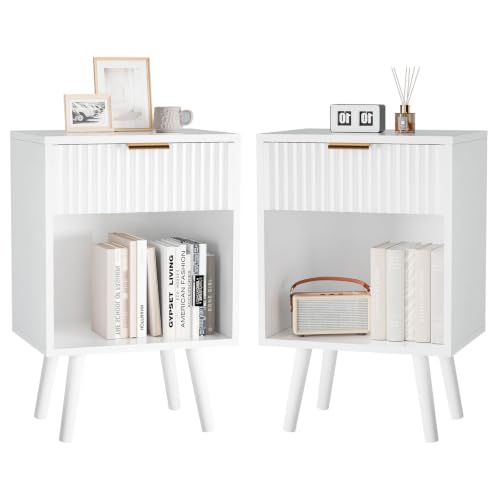 YMYNY Set de 2 Mesitas de Noche de Madera Ondulada, Mesa Auxiliar con Cajón, Compartimento Abierto, Manija Dorada, Estilo Mid-Century Moderno, para Dormitorio, Salón, Blanc Clásico HST013W-2