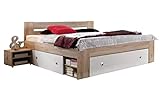 Fusto di letto matrimoniale con 2 comodini e 3 cassettoni integrati e estraibili, inoltre con 2 vani aperti per lato e struttura con testiera, dal design moderno e giovanile. Rete a doghe e materasso NON sono compresi e possono essere acquistati separatamente (vedi p.e. art. B075482N6Y e B076BNQ9L5). Il letto è molto comodo e nei 3 cassettoni c'è ampio spazio per riporre oggetti o biancheria da letto. La sua funzione salvaspazio è ideale anche per le camere matrimoniali più piccole o monolocali.