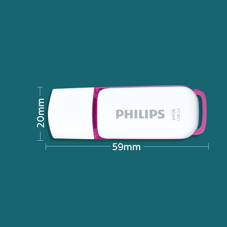 Diagram showing the dimensions of the Philips USB flash drive: 20mm width and 59mm length