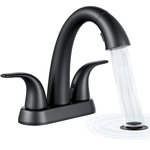 Ultimate Unicorn Pull Down Bathroom Sink Faucet - Anti-Splash Matte Black 4 Inch Centerset Vanity Faucets 3 Hole with Pop Up Drain Two Handle Modern Washbasin Tap Set with Sprayer for Rv Restroom