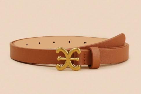 Women Artificial Leather Belt with Gold Rectangular Buckle | Stylish Casual & Formal Waist Belt (4005-BROWN_)-image-18