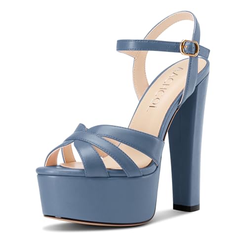 Aachcol Mujer Abierta Punta Chunky Ancho Heel Sandalias Plataforma Correa Tobillo Alto High Heel Fiesta Dress Zapatos 15 CM Heels Azul Cobalto 37 EU