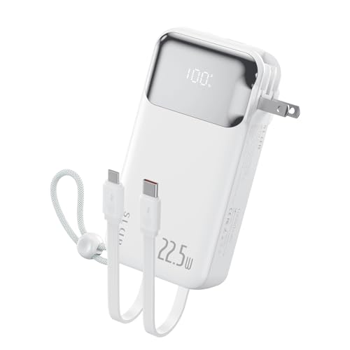 モバイルバッテリー10000mAh コンセント一体型 折りたたみ式プラグ 22.5W急速充電 USB-C出力/入力 4台同時充電 iPhone充電ケーブル&Type-C ケーブル内蔵 LEDディスプレイ スマホ充電器 iPhone 17/16/15/Nexus/Samsung S25/S24/S23 Sony/Sharp/Kyocera/LGなど充電対応