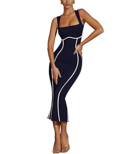 Image of MAYFASEY Women's Summer Sleeveless Square Neck Contrast Binding Cocktail Party Bodycon Midi Dress Back Slit Maxi Dress