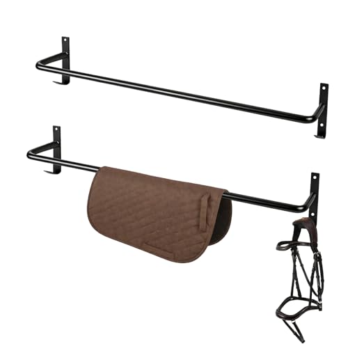 Zwinz 2Pcs Heavy Duty Horse Blanket Rack with Bridle Hooks Wall Mounted Assembled Blanket Bar Saddle Pad Rack for Horse Tack Storage Black
