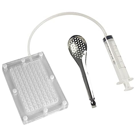 DUEBEL Spherical Caviar Dispenser, Caviar Maker Box, Molecular Gastronomy Kit | 96 Holes Roe Sauce Dispenser with Infuser & Strainer Spoon Cover