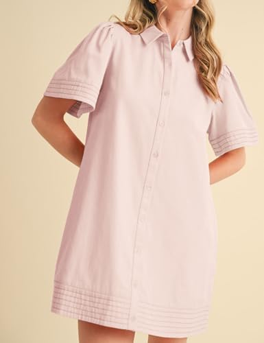Image of Womens Short Sleeve Button Down Mini Shirt Dress Lapel Collar Short Dresses with Pocket
