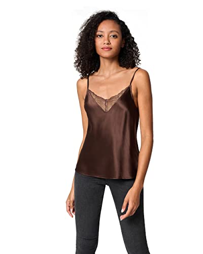 LilySilk Pure Silk Lace Camisole for Women 100% Silk Lingerie Camisoles with V-Neck & Adjustable Straps Ladies 2-in-1 Tank Tops for Summer Chocolate Brown M