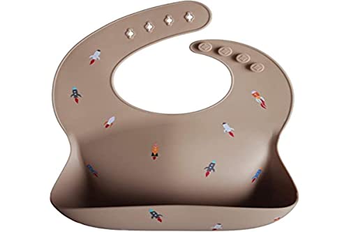 Image of mushie Silicone Baby Bib | Adjustable Fit Waterproof Bibs (Rocket Ship)