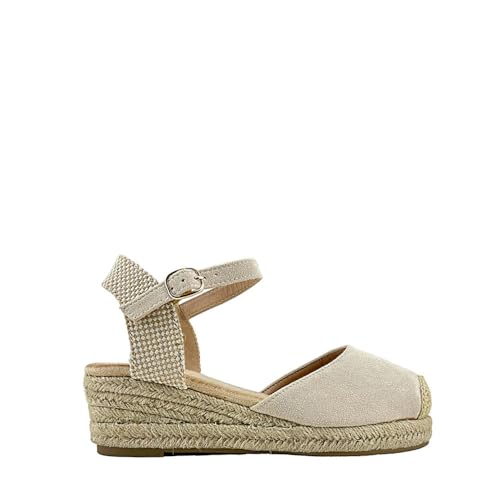 MODELISA   Sandalia Tacon Cuña Alpargata Esparto Hebilla Pulsera Tobillo Primavera Verano Mujer (Beige, 37)