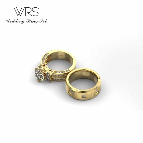 TWO RINGS His Hers Wedding Ring Sets Couples Rings Women's 18k Yellow Gold White CZ Wedding Engagement Ring Bridal Sets & Men's Titanium steel Wedding Band RINGS2