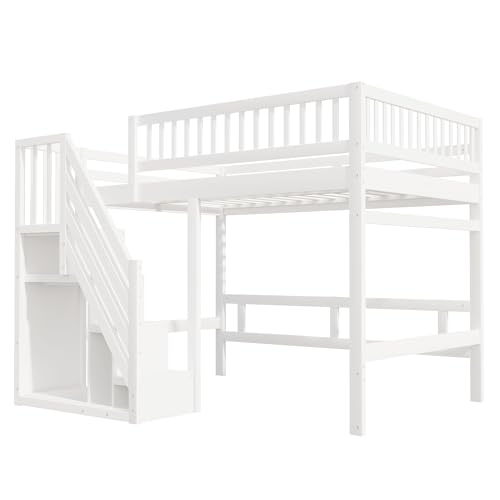 Etagenbett 140x200, Kinderbett Hochbett mit Treppe und Aufbewahrungsschrank, Funktionsbett Doppelbett Stockbett Spielbett Kinderhochbett Jugendhochbett mit Lattenrost, Massivholz, Ohne Matratze, Weiß