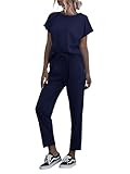 Cicy Bell Damen Zweiteiler Set Kurzarm Rundhals Jogginganzug Streetwear Trainingsanzug mit Kordelzug und Tasche Dunkelblau M