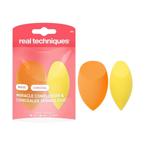 Real Techniques Miracle Houppette à poudre 2 en 1, double face, bande élastique réversible, éponge de maquillage de précision et houppette à poudre, pour produits liquides, crèmes et poudres