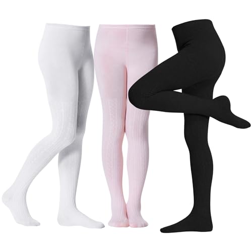 Image of Zando 3Pack Girls Tights Kids Cable Knit Cotton Winter Warm Leggings 4-12T | Footed Seamless Stockings for Girls, School Uniform and Daily Skirt Wear. Thick Warm Fabric with High Stretch