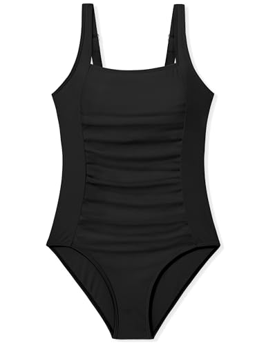 Girls Swimsuit One Piece Swimsuits Teen Swimsuits for Girl 12-14 Adjustable Straps Quick-Dry Girl Bathing Suits Cute Smocked Swimwear 13-14Y Black