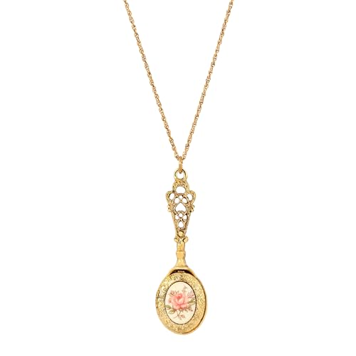 1928 Jewelry Pink Desert Rose Picture Locket Pendant Necklace For Women 28", Ladies Vintage Style Photo Keepsake, Made In USA