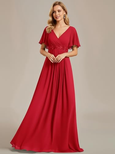 Image of Ever-Pretty Women's Spring Short Sleeve Bridesmaid Dresses V-Neck Chiffon Ruched Empire Waist Appliques Long Formal Dress
