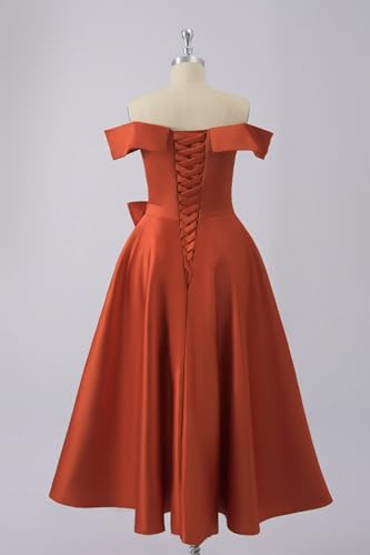 Satin Mother of Bride Dresses for Women Off The Shoulder Tea Length Formal Wedding Guest Dress with Bow2