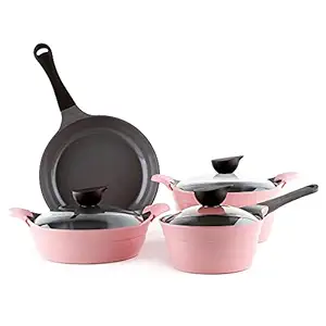 Neoflam Eela Aluminium Nonstick Cookware Set, 1.5QT Covered Saucepan, 4.5QT Covered Stockpot, 2.5QT Low Stockpot , 7 Piece (Pink)