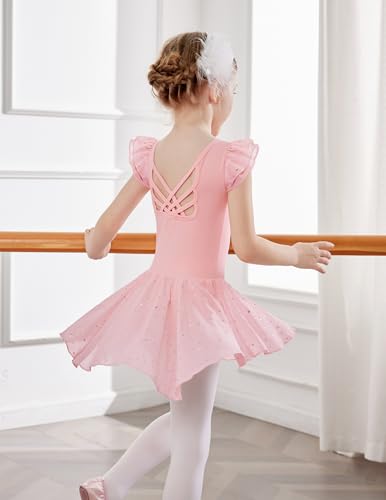 Image of Arshiner Girls Shiny Ruffle Sleeve Ballet Leotard with Skirt Criss-Cross Back Dance Dresses