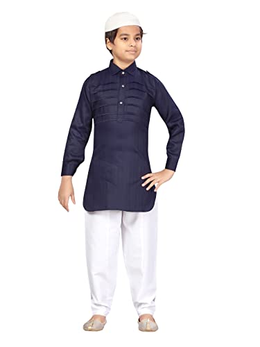 Image of Aarika Boys Navy Blue-White Color Pathani Kurta Pyjama with Cap Set (C PS-JK-102-NAVY-BLUE-WHITE-6)