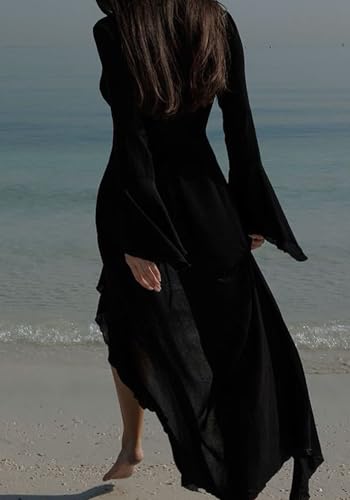LETSVDO Women Sheer Long Kimono Cardigan Bell Sleeve Mesh Chiffon Ruffle Flowy Duster Robe Beach Swimsuit Cover Up Dress3