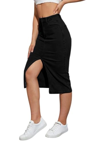 Image of Tagas Women High Waist Denim Midi Skirt with Front Slit | Stretchable Bodycon Pencil Skirt | Casual & Stylish Knee Length Skirt
