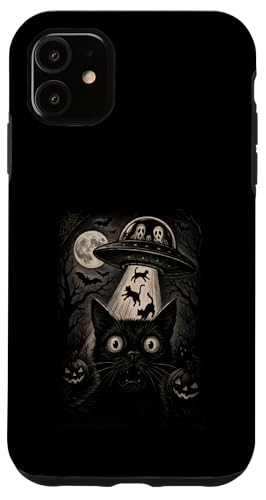 ハロウィン 猫 自撮り 怖い エイリアン 誘拐 猫 UFO 飛行 スマホケース iPhone 11 用