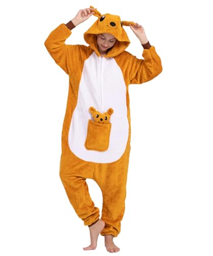 Hundredmore Adult Kangaroo Onesie Pajamas with Pockets Unisex Zip Up Flannel One Piece Cosplay Costume Warm Animal Sleepwear for Men and Women