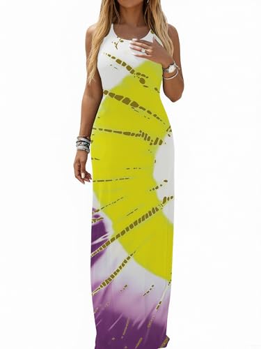 Ulovmi Women Summer Maxi Dresses Sleeveless Tank Sundress Yellow Purple XXL