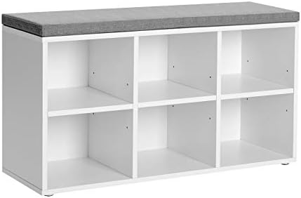 VASAGLE Shoe Bench, Shoe Storage Organizer with 6 Compartments and 3 Adjustable Shelves, Cushioned Seat, Compact and Narrow, for Entryway, Hallway, Closet, White and Gray ULHS23WT