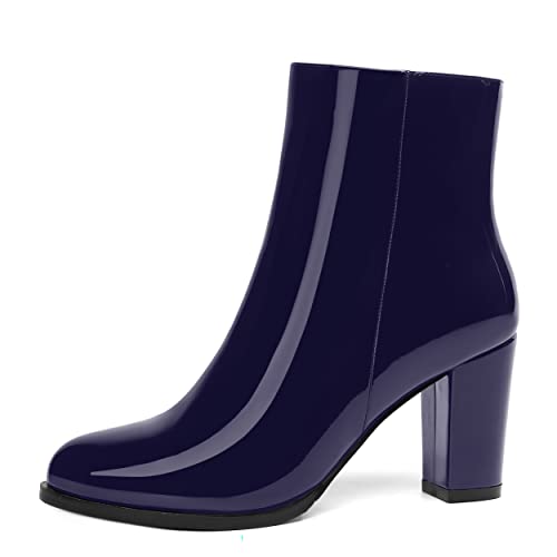 ROSERWISH Womens Fashion Casual Fall Winter Patent Round Toe Side Zip Block High Heel Ankle High Boots 3.5 Inch2