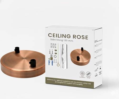 LEDSone Rosone da soffitto color rame, perfetto per cavo flessibile in tessuto, piastra di montaggio in metallo da 120 mm, con accessori per plafoniere e lampade da parete (rame, 2 uscite)