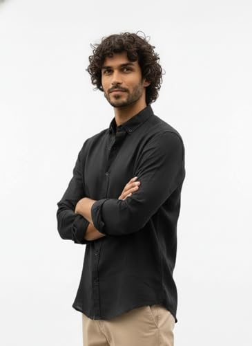 Image of Men's Linen Cotton Shirt | Solid Design | Full Sleeve | Regular Fit | Button Down Collar | Summer Casual & Formal Wear