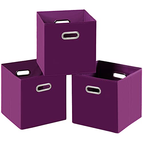 SEVENDOME Fabric Cloth Storage Bins,Fabric Cube Bins Organizer with Dual Handles Foldable Cube Storage Baskets for Home Bedroom Storage,Set of 3,(Purple)