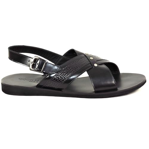Good Man Men's Black Leather Slingback Sandals, Criss-Cross Design, Comfort Flat Sole, Silver Buckle Closure, Summer Casual4