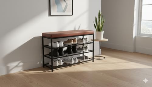 Image of Metal Shoe Rack Bench for Entryway | 3-Tier Shoe Organizer with Comfortable Cushion | Multipurpose Hallway Storage Furniture (Black, Heavy Duty Steel) (Black, 3-Tier Rack)