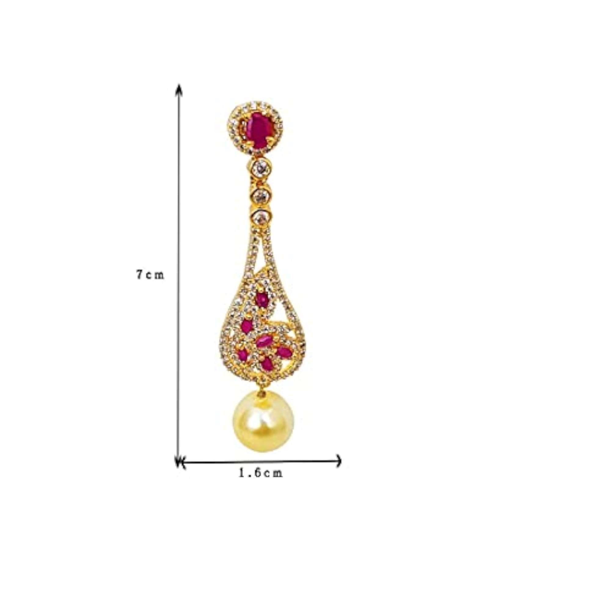 Women's American Diamond Ruby Studded Pearl Drop Earrings