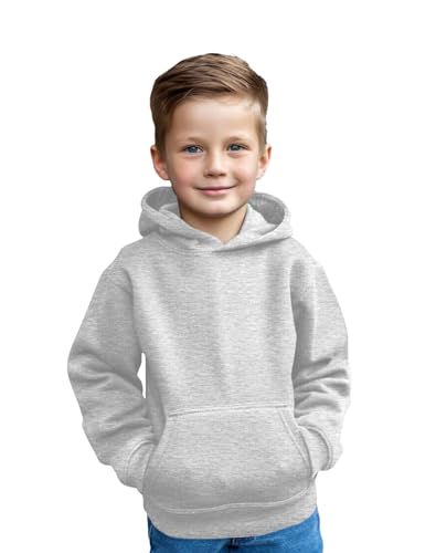 Aykiz Kids Boys Girls Plain Pullover Hoodie, Sweatshirt, Fleece Hooded Jumper, PE School Jumper, Warm Coats Long Sleeve Top New Casual Fashion For Childrens Unisex Age 3-13 Years Heather Grey