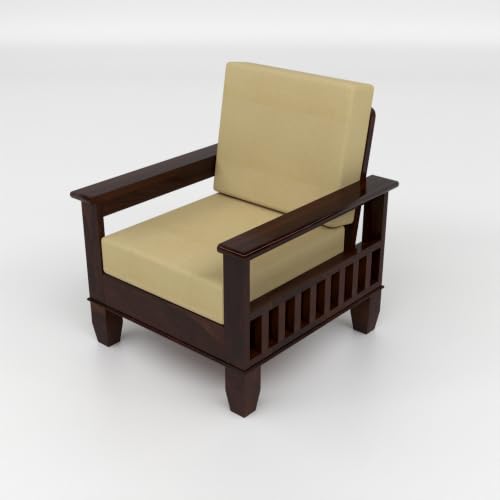 Image of Solid Sheesham Wood 1 Seater Sofa for Living Room | Premium Wooden Armchair with Side Magazine Rack | High-Density Cushioned Fabric Seat | Modern Single Sofa Chair for Home & Office