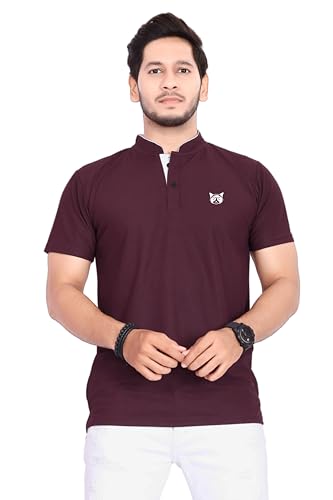 Image of BAGHADBILLO Men's and Boy's Polyster T-Shirt with Mandarin Collared Neck Half Sleeves Closuer Button and Regular Fit | Polo t Shirt for Man