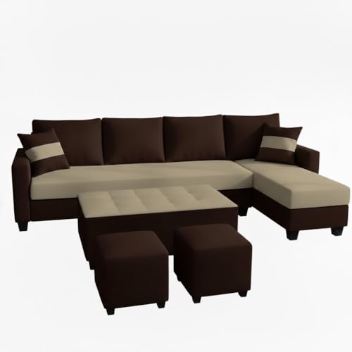 Image of CASASTYLE Adonway 8 Seater Fabric RHS L Shape Sofa Set (Cream-Dark Brown) Premium Velvet Finish | Ideal for Living Rooms