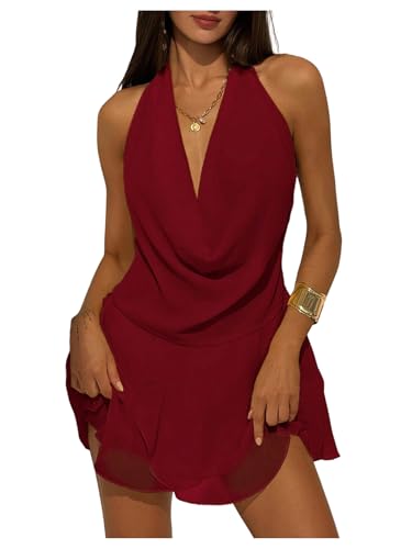 Image of RoseSeek Women's Draped Halter Flared Party Dress Backless Mini Dresses