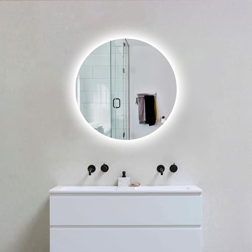 LaapDak Espejo de baño LED con iluminación, Espejo de Pared Redondo, Espejo de baño, Blanco frío 6500K, Espejo con luz de Ahorro de energía (Redondo 60 cm)