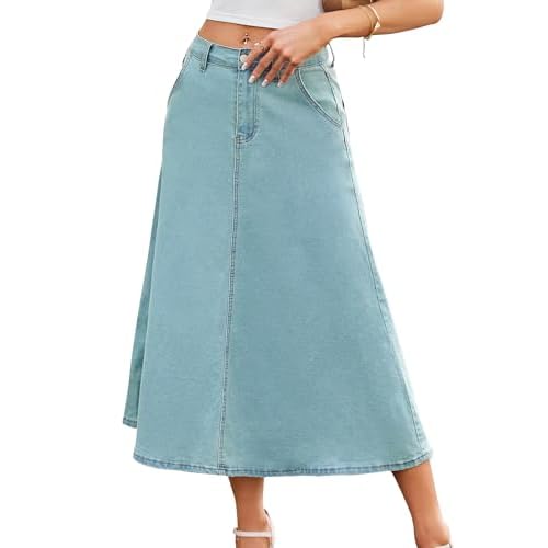 HUSKARY Women's Stretchy High Wasited A Line Long Maxi Jean Skirt Below Knee Length Flared Midi Denim Skirts with Pockets Medium G Blue